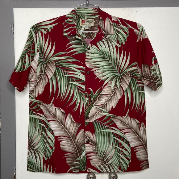 hilo hattie hawaiian shirt men medium red palm tree leafs - Picture 1 of 5